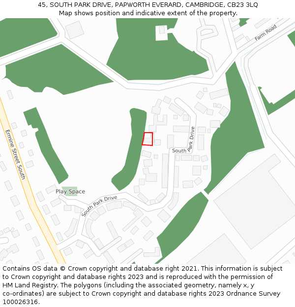 45, SOUTH PARK DRIVE, PAPWORTH EVERARD, CAMBRIDGE, CB23 3LQ: Location map and indicative extent of plot