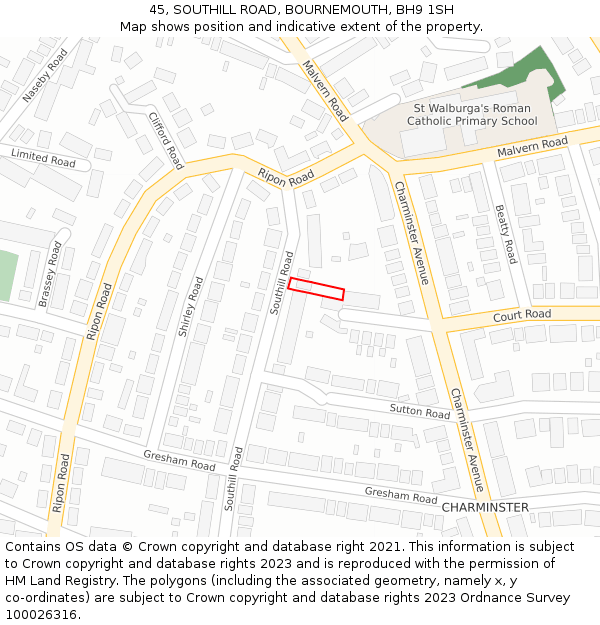 45, SOUTHILL ROAD, BOURNEMOUTH, BH9 1SH: Location map and indicative extent of plot
