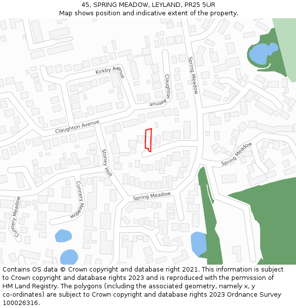 45, SPRING MEADOW, LEYLAND, PR25 5UR: Location map and indicative extent of plot