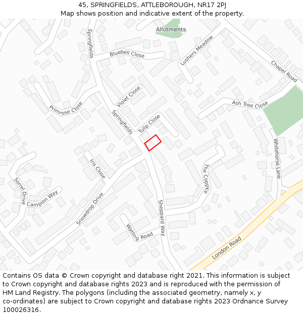 45, SPRINGFIELDS, ATTLEBOROUGH, NR17 2PJ: Location map and indicative extent of plot