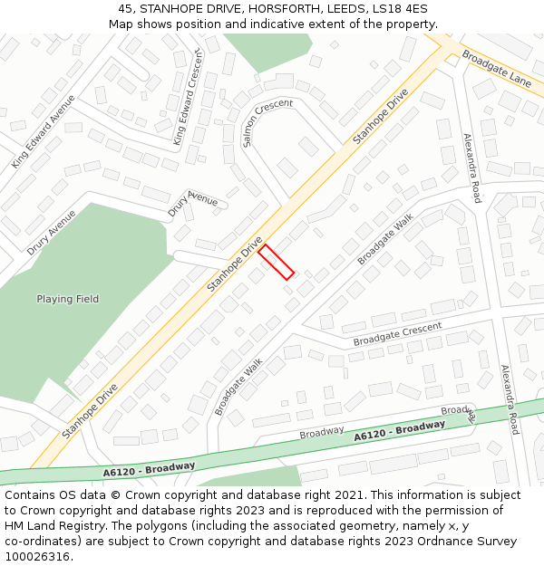45, STANHOPE DRIVE, HORSFORTH, LEEDS, LS18 4ES: Location map and indicative extent of plot