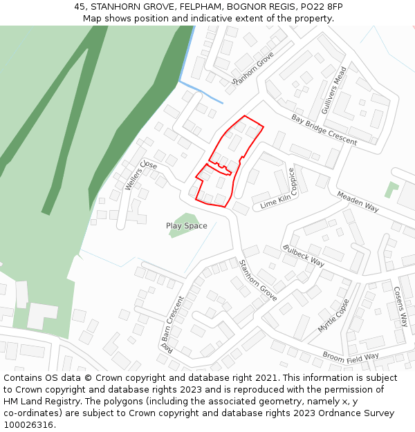 45, STANHORN GROVE, FELPHAM, BOGNOR REGIS, PO22 8FP: Location map and indicative extent of plot