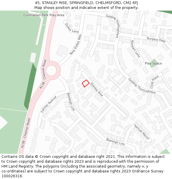 45, STANLEY RISE, SPRINGFIELD, CHELMSFORD, CM2 6PJ: Location map and indicative extent of plot