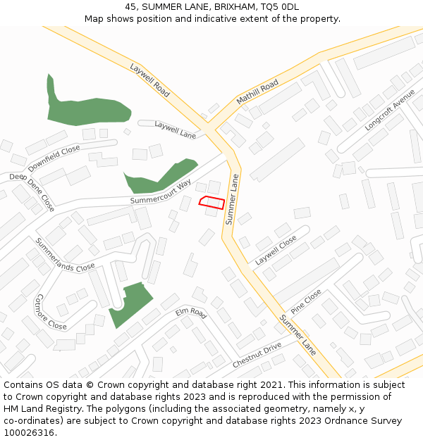 45, SUMMER LANE, BRIXHAM, TQ5 0DL: Location map and indicative extent of plot