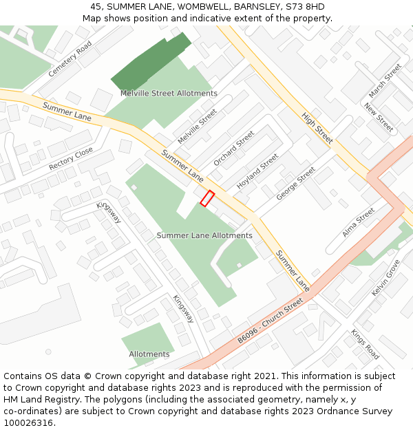 45, SUMMER LANE, WOMBWELL, BARNSLEY, S73 8HD: Location map and indicative extent of plot