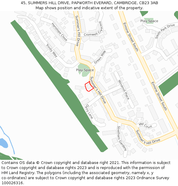 45, SUMMERS HILL DRIVE, PAPWORTH EVERARD, CAMBRIDGE, CB23 3AB: Location map and indicative extent of plot