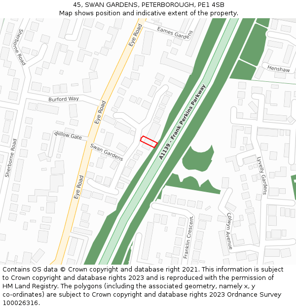 45, SWAN GARDENS, PETERBOROUGH, PE1 4SB: Location map and indicative extent of plot