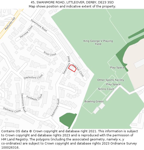 45, SWANMORE ROAD, LITTLEOVER, DERBY, DE23 3SD: Location map and indicative extent of plot