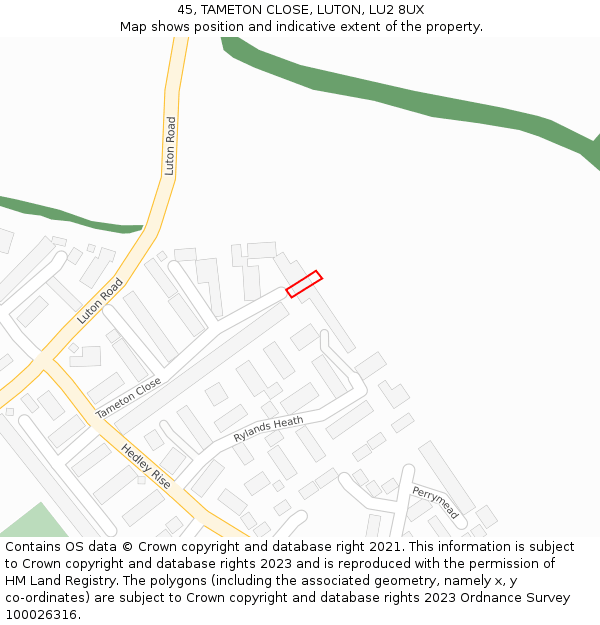 45, TAMETON CLOSE, LUTON, LU2 8UX: Location map and indicative extent of plot