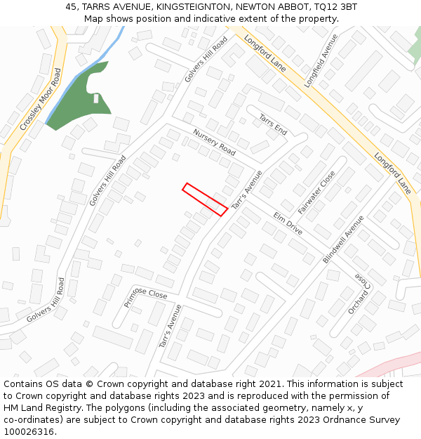 45, TARRS AVENUE, KINGSTEIGNTON, NEWTON ABBOT, TQ12 3BT: Location map and indicative extent of plot