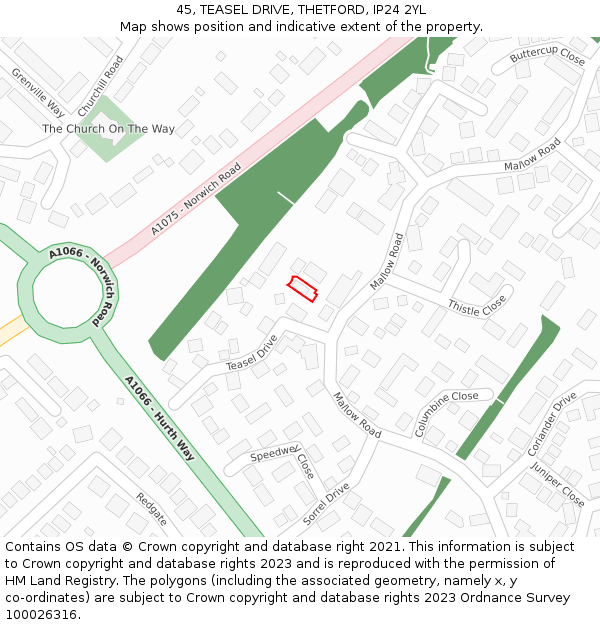 45, TEASEL DRIVE, THETFORD, IP24 2YL: Location map and indicative extent of plot