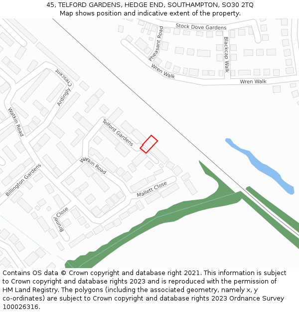 45, TELFORD GARDENS, HEDGE END, SOUTHAMPTON, SO30 2TQ: Location map and indicative extent of plot