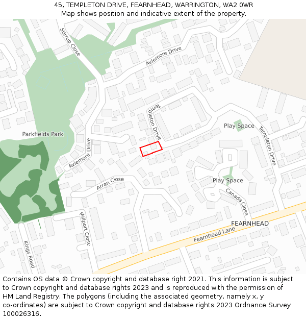 45, TEMPLETON DRIVE, FEARNHEAD, WARRINGTON, WA2 0WR: Location map and indicative extent of plot