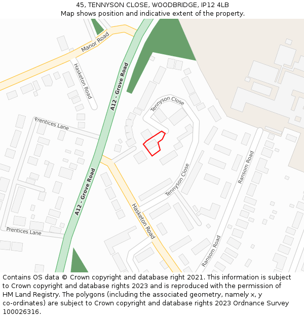 45, TENNYSON CLOSE, WOODBRIDGE, IP12 4LB: Location map and indicative extent of plot