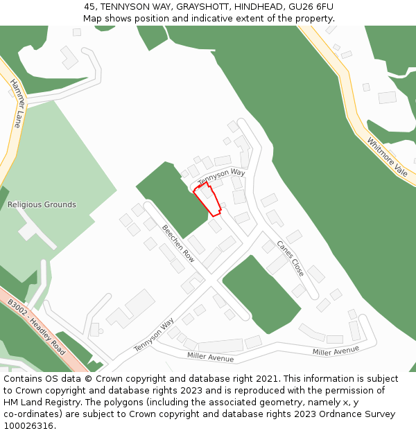 45, TENNYSON WAY, GRAYSHOTT, HINDHEAD, GU26 6FU: Location map and indicative extent of plot