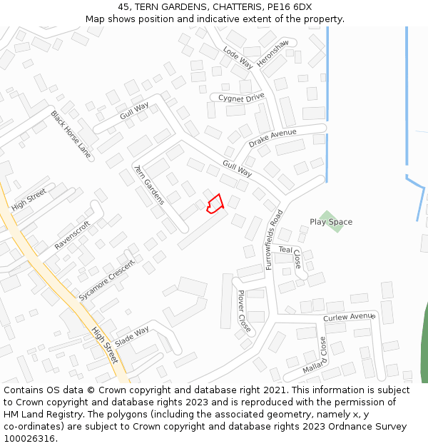 45, TERN GARDENS, CHATTERIS, PE16 6DX: Location map and indicative extent of plot