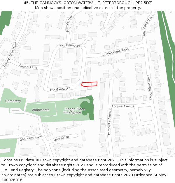 45, THE GANNOCKS, ORTON WATERVILLE, PETERBOROUGH, PE2 5DZ: Location map and indicative extent of plot