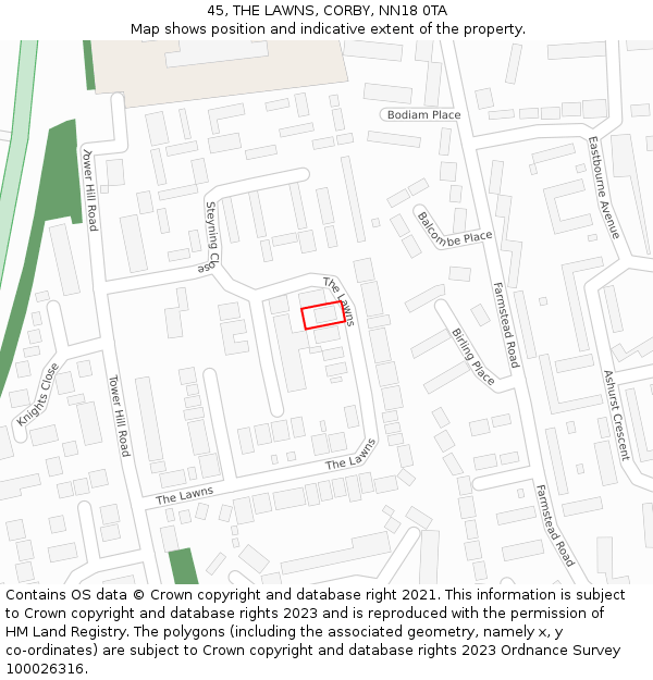45, THE LAWNS, CORBY, NN18 0TA: Location map and indicative extent of plot