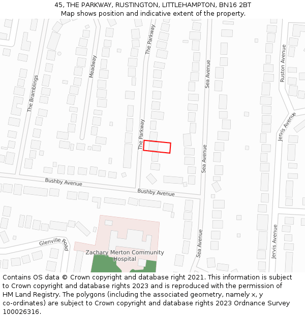 45, THE PARKWAY, RUSTINGTON, LITTLEHAMPTON, BN16 2BT: Location map and indicative extent of plot