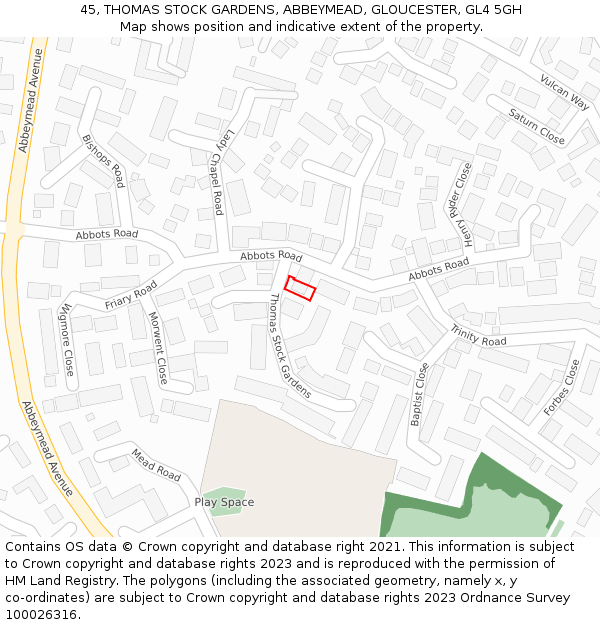 45, THOMAS STOCK GARDENS, ABBEYMEAD, GLOUCESTER, GL4 5GH: Location map and indicative extent of plot