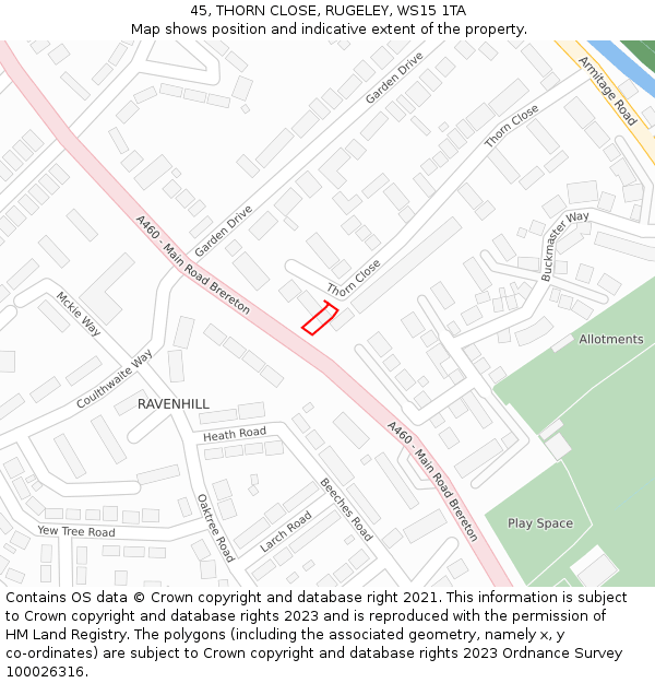 45, THORN CLOSE, RUGELEY, WS15 1TA: Location map and indicative extent of plot