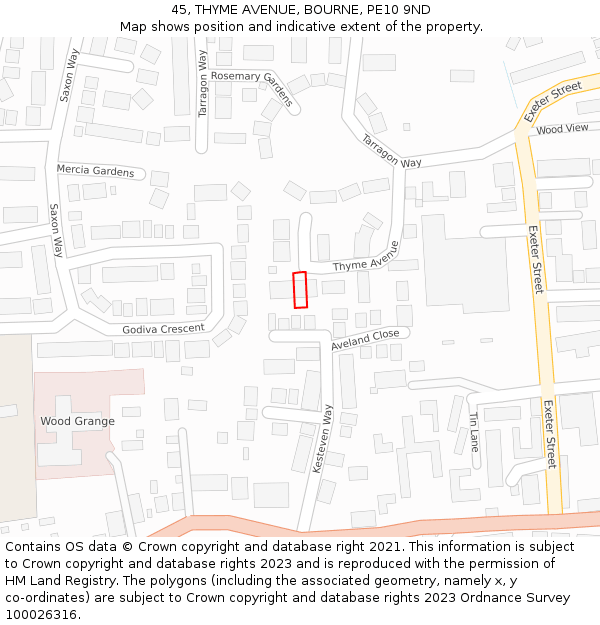 45, THYME AVENUE, BOURNE, PE10 9ND: Location map and indicative extent of plot