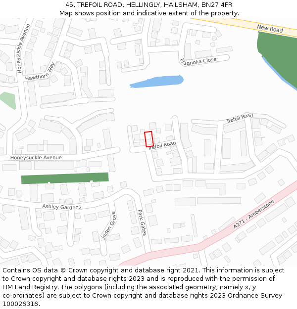 45, TREFOIL ROAD, HELLINGLY, HAILSHAM, BN27 4FR: Location map and indicative extent of plot