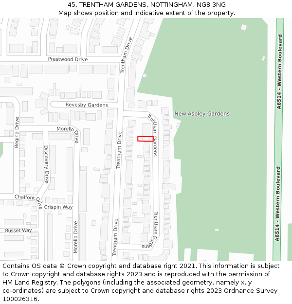 45, TRENTHAM GARDENS, NOTTINGHAM, NG8 3NG: Location map and indicative extent of plot