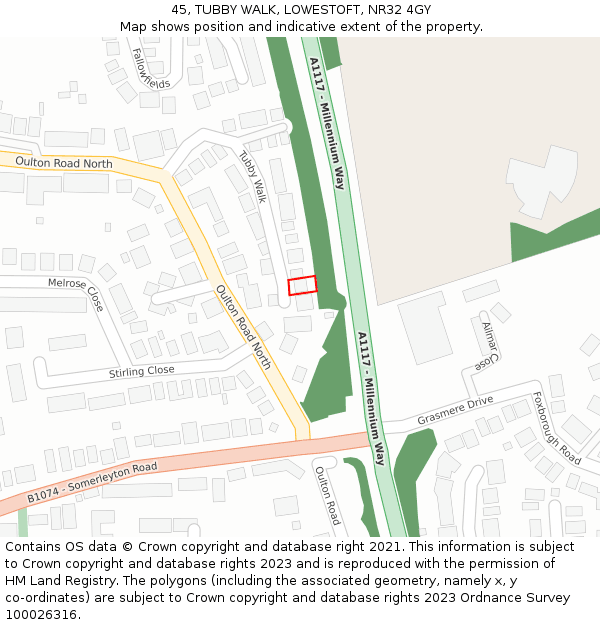 45, TUBBY WALK, LOWESTOFT, NR32 4GY: Location map and indicative extent of plot