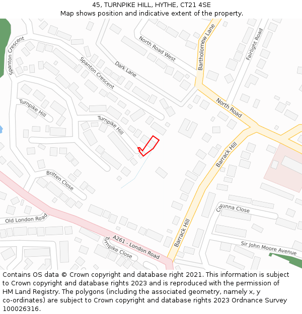 45, TURNPIKE HILL, HYTHE, CT21 4SE: Location map and indicative extent of plot