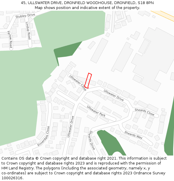 45, ULLSWATER DRIVE, DRONFIELD WOODHOUSE, DRONFIELD, S18 8PN: Location map and indicative extent of plot