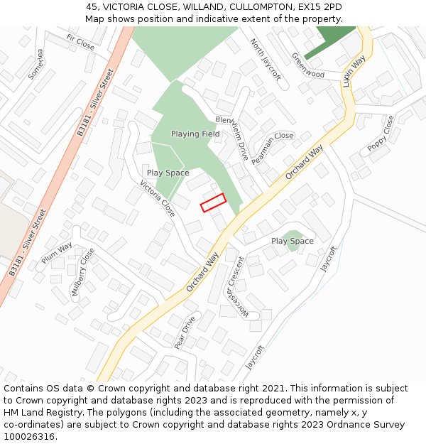 45, VICTORIA CLOSE, WILLAND, CULLOMPTON, EX15 2PD: Location map and indicative extent of plot