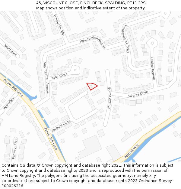 45, VISCOUNT CLOSE, PINCHBECK, SPALDING, PE11 3PS: Location map and indicative extent of plot