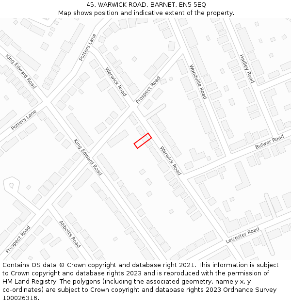 45, WARWICK ROAD, BARNET, EN5 5EQ: Location map and indicative extent of plot