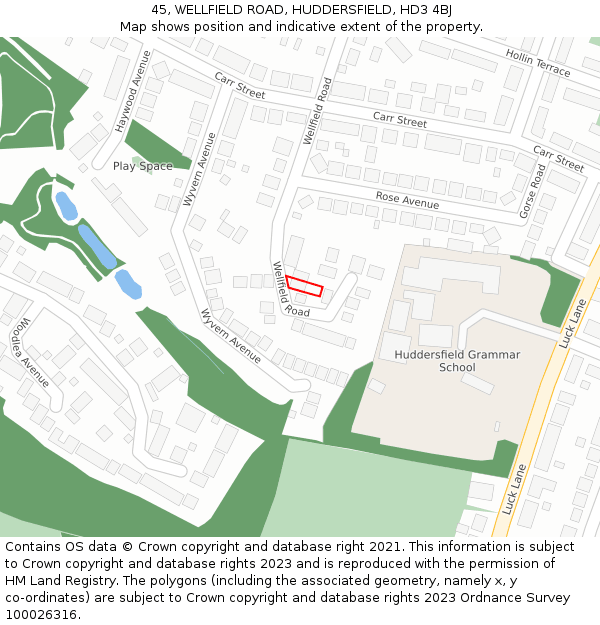 45, WELLFIELD ROAD, HUDDERSFIELD, HD3 4BJ: Location map and indicative extent of plot