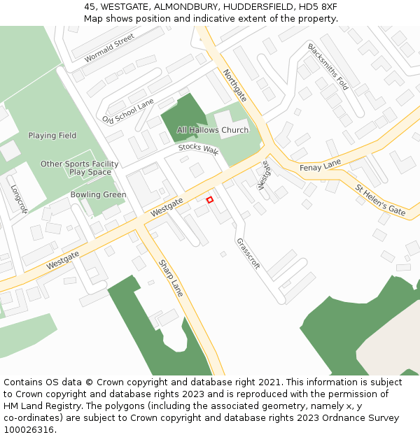 45, WESTGATE, ALMONDBURY, HUDDERSFIELD, HD5 8XF: Location map and indicative extent of plot