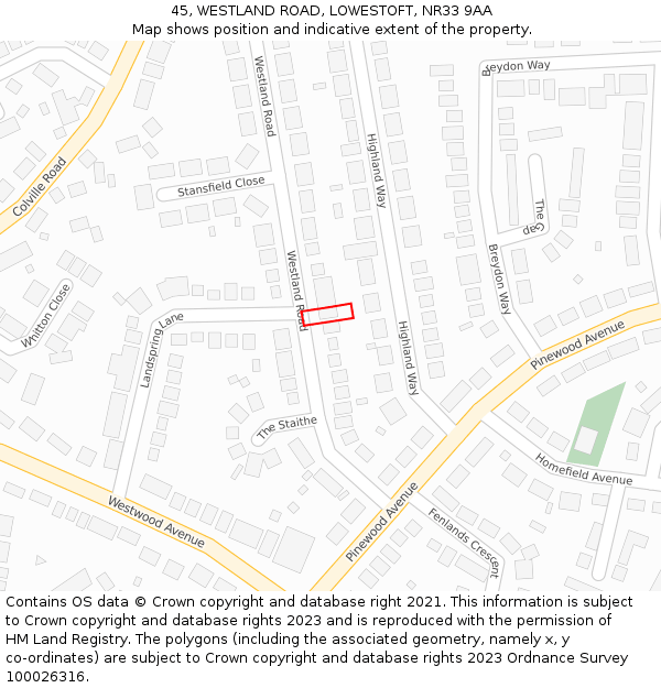 45, WESTLAND ROAD, LOWESTOFT, NR33 9AA: Location map and indicative extent of plot
