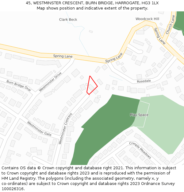 45, WESTMINSTER CRESCENT, BURN BRIDGE, HARROGATE, HG3 1LX: Location map and indicative extent of plot