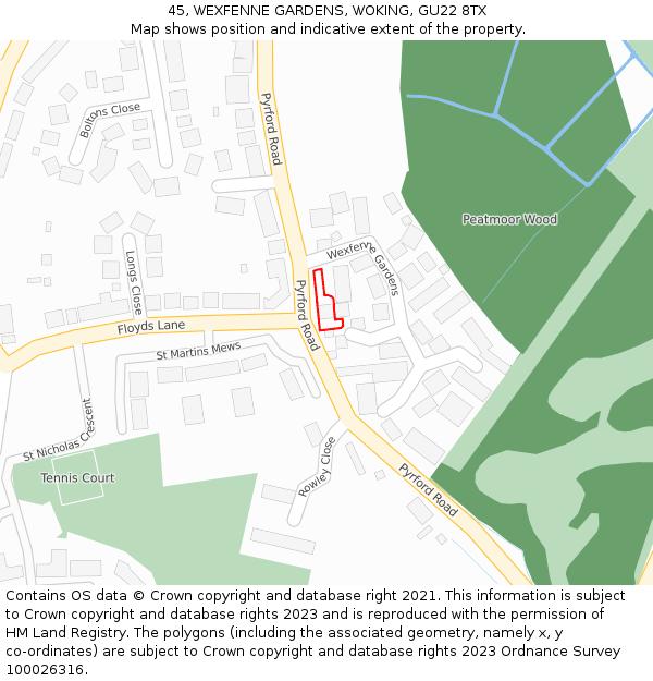 45, WEXFENNE GARDENS, WOKING, GU22 8TX: Location map and indicative extent of plot