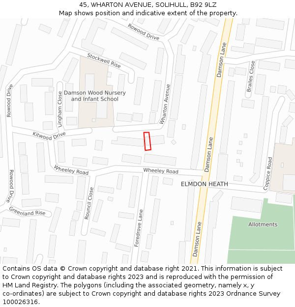 45, WHARTON AVENUE, SOLIHULL, B92 9LZ: Location map and indicative extent of plot