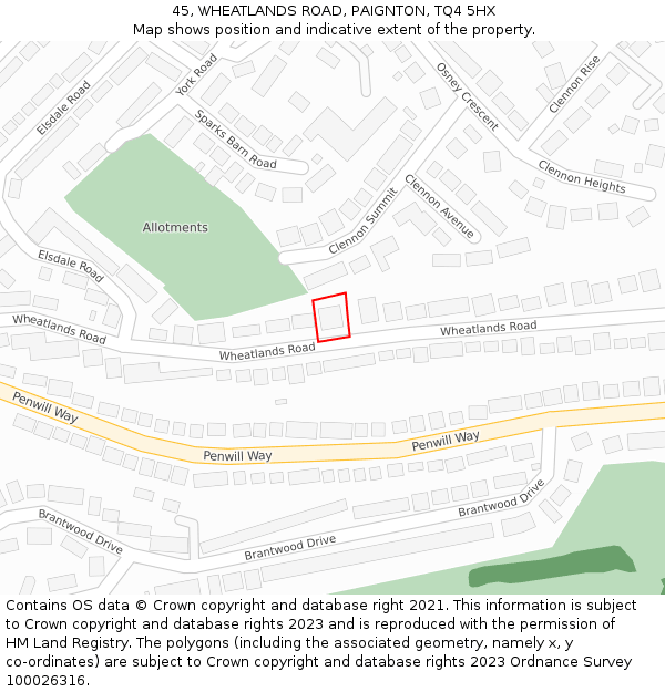 45, WHEATLANDS ROAD, PAIGNTON, TQ4 5HX: Location map and indicative extent of plot