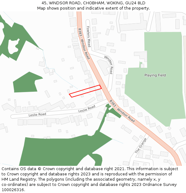 45, WINDSOR ROAD, CHOBHAM, WOKING, GU24 8LD: Location map and indicative extent of plot