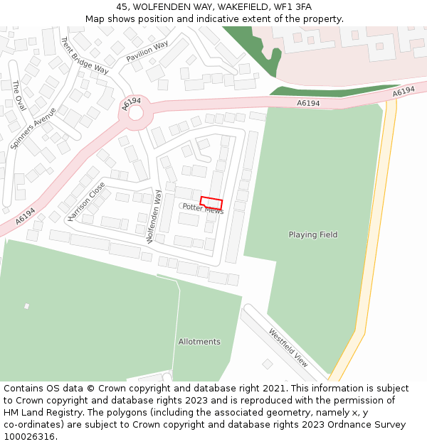 45, WOLFENDEN WAY, WAKEFIELD, WF1 3FA: Location map and indicative extent of plot