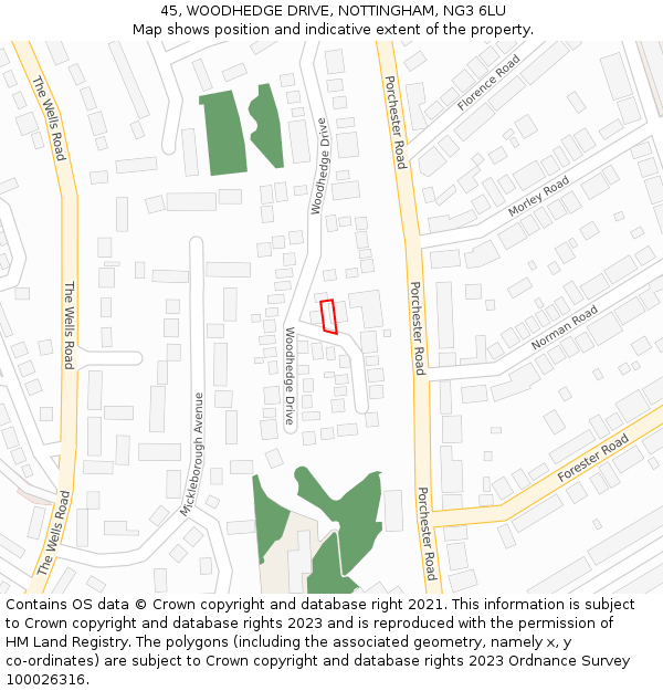 45, WOODHEDGE DRIVE, NOTTINGHAM, NG3 6LU: Location map and indicative extent of plot