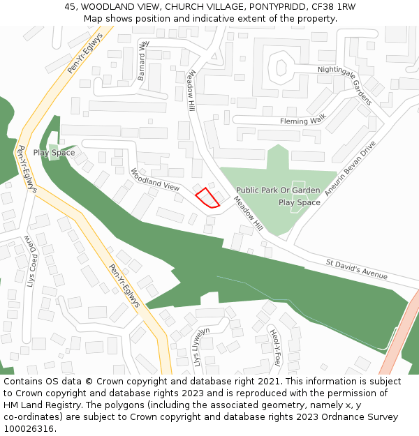 45, WOODLAND VIEW, CHURCH VILLAGE, PONTYPRIDD, CF38 1RW: Location map and indicative extent of plot