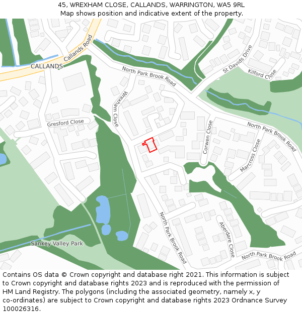 45, WREXHAM CLOSE, CALLANDS, WARRINGTON, WA5 9RL: Location map and indicative extent of plot