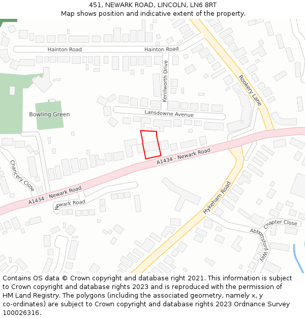451, NEWARK ROAD, LINCOLN, LN6 8RT: Location map and indicative extent of plot