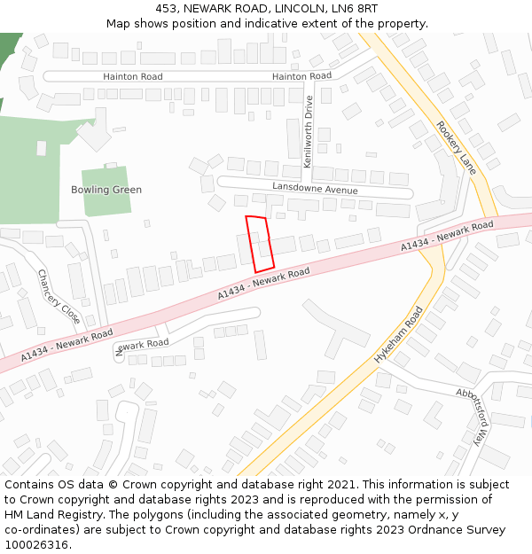 453, NEWARK ROAD, LINCOLN, LN6 8RT: Location map and indicative extent of plot