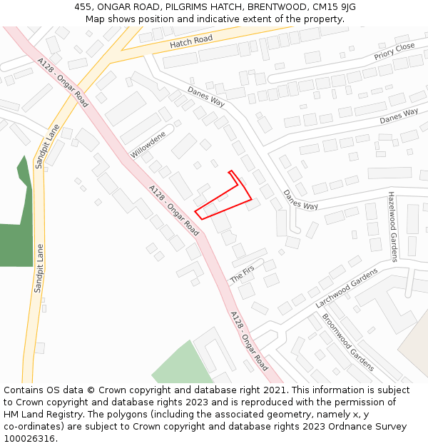 455, ONGAR ROAD, PILGRIMS HATCH, BRENTWOOD, CM15 9JG: Location map and indicative extent of plot