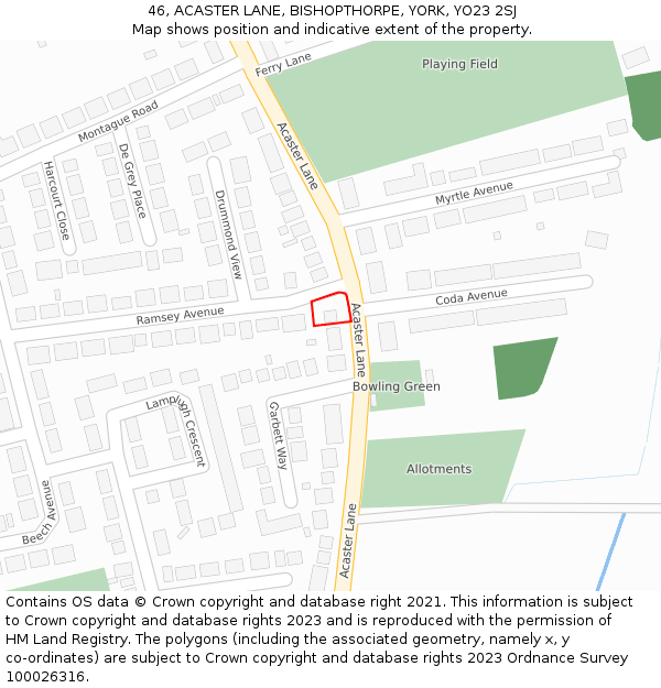 46, ACASTER LANE, BISHOPTHORPE, YORK, YO23 2SJ: Location map and indicative extent of plot